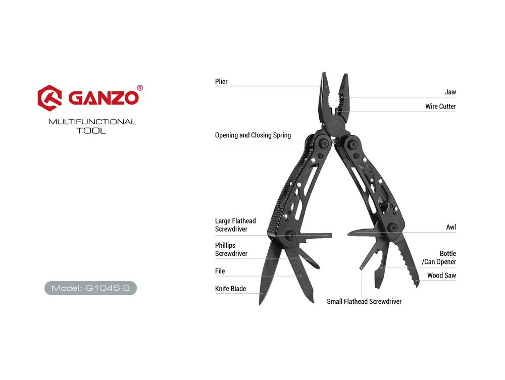 Ganzo G104S-B Multi-tool 11 Tools in One Hand Tool Set Screwdriver Kit Portable Folding Knife Stainless Steel plier Multi-Tools