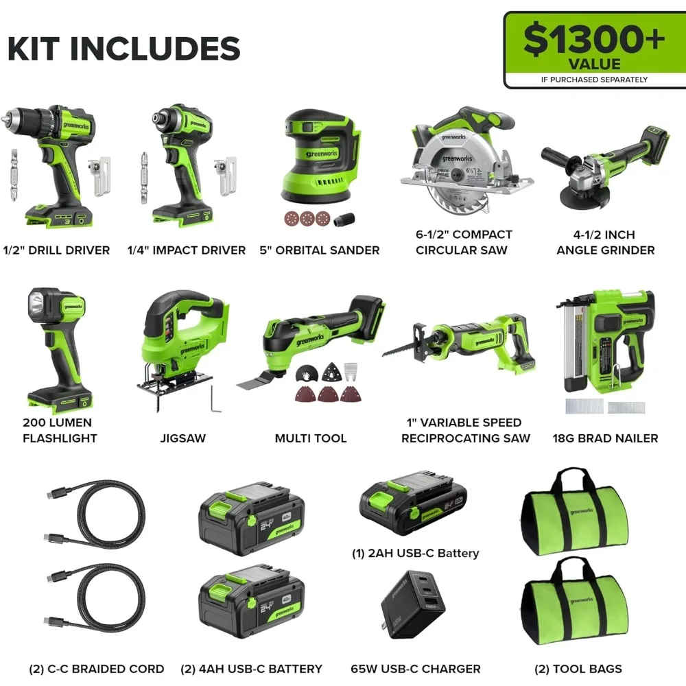 Комплект аккумуляторных 10 инструментов Greenworks, 24 В: дрель, ударная отвертка, циркулярная пила, сабельная пила, лобзик, шлифовальный станок, рабочий свет, M