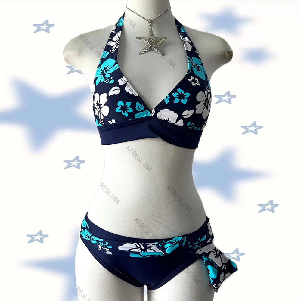 

Y2k Vintage Flora Pattern Aesthetic Print Streetwear Retro sexy 2000s Fashion girl Casual strap Swimwear Cute summer Cute Bikini