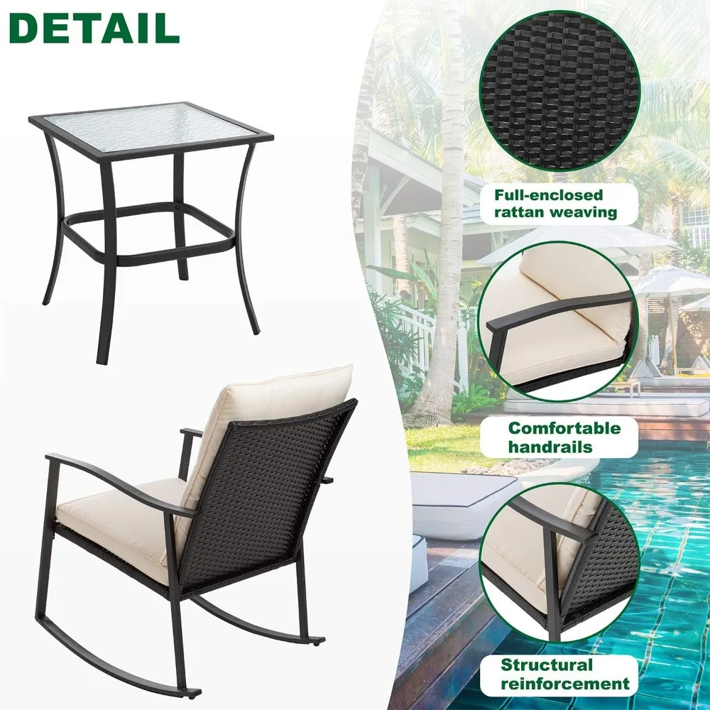 Conjunto bistrô de balanço de vime de 3 peças com mesa de centro de vidro para pátio externo em almofada bege