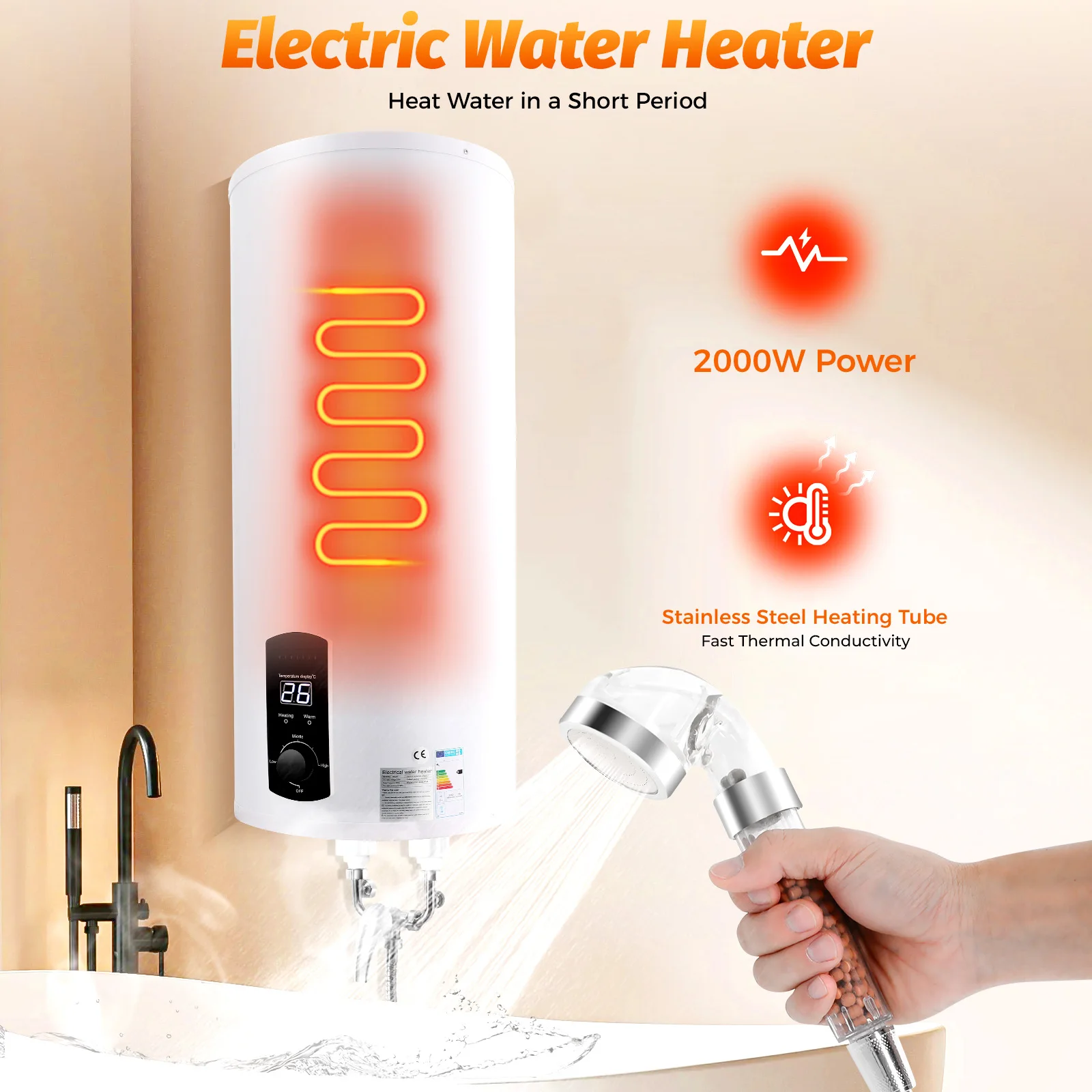 220V 2000W 60L/13.2gal Electric Water Heater 25-75°C/77-167°F Temperature Adjustable LCD Water Heater for Kitchen Shower