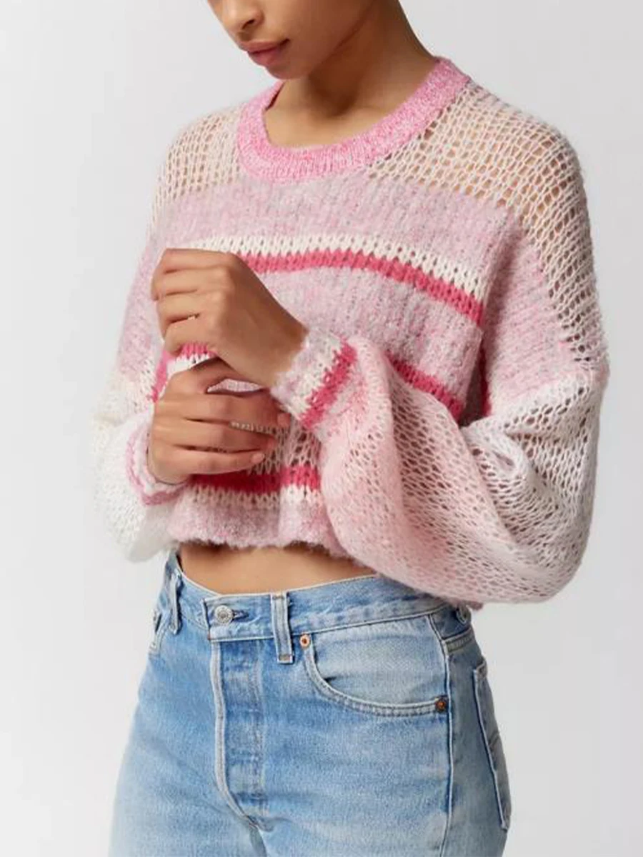 

Women's Cropped Sweaters Casual Loose Long Sleeve Round Neck Striped Print Hollow Out Knit Pullover Tops Spring Fall Knitwear