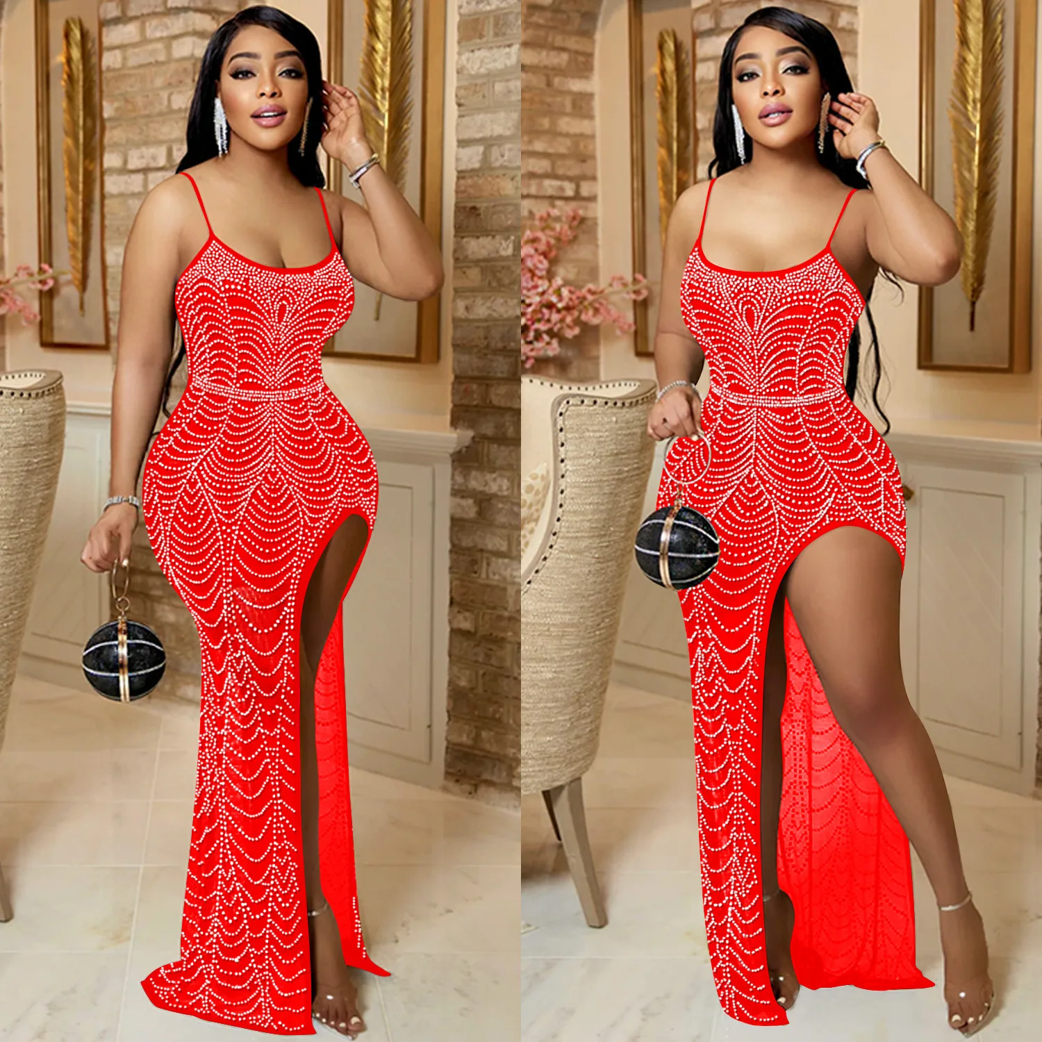 C5730 Abito da donna lungo con diamanti caldi irregolari con fionda in tinta unita di nuova moda