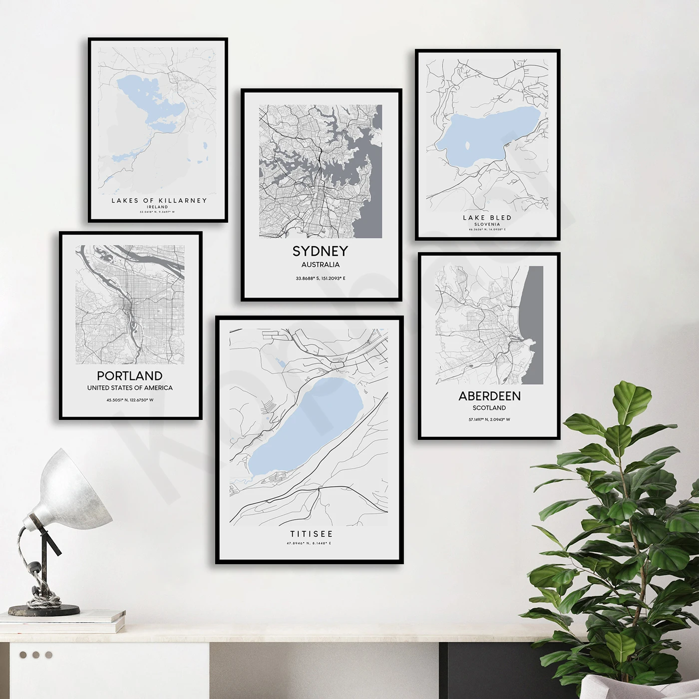 Lake Titisee. Plitvice Lakes. Lakes Killarney. Lake Lugano. Sydney. Lake Iseo. Leeds. Lake Bled. Portland Aberdeen. Map Poster