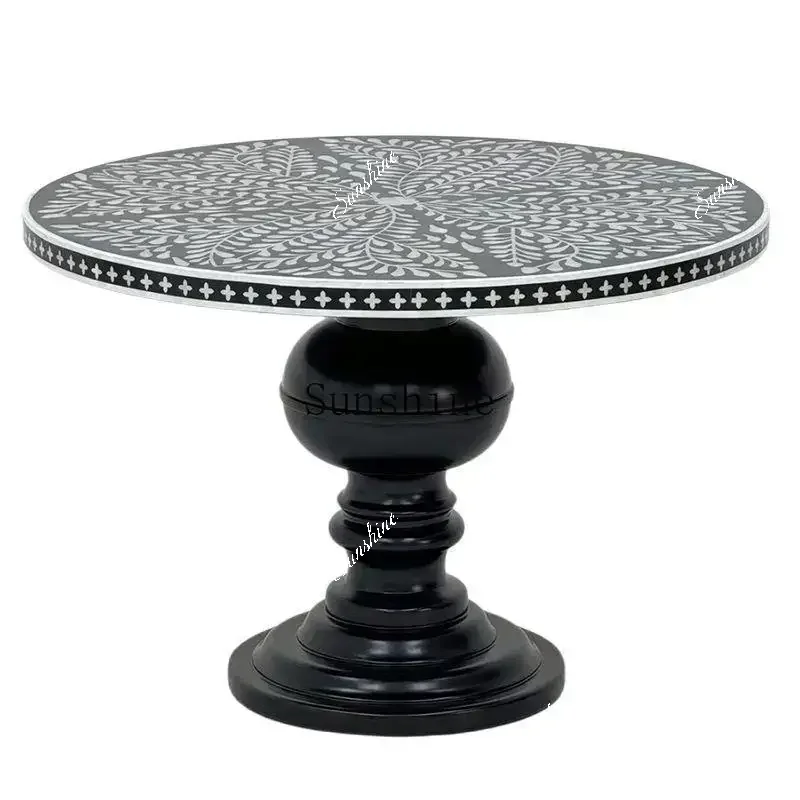 

French court retro solid wood hand-painted round dining table inlaid shell table top FT