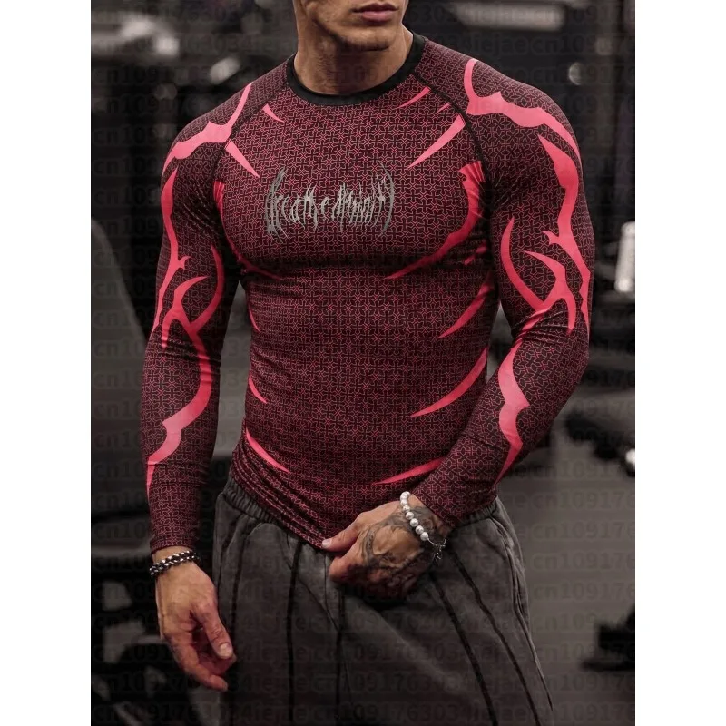 Men Kid Mock Neck Fitness Long Sleeve Top Geometric Texture Jagged Gothic Letter Print Workout Training Base Layer