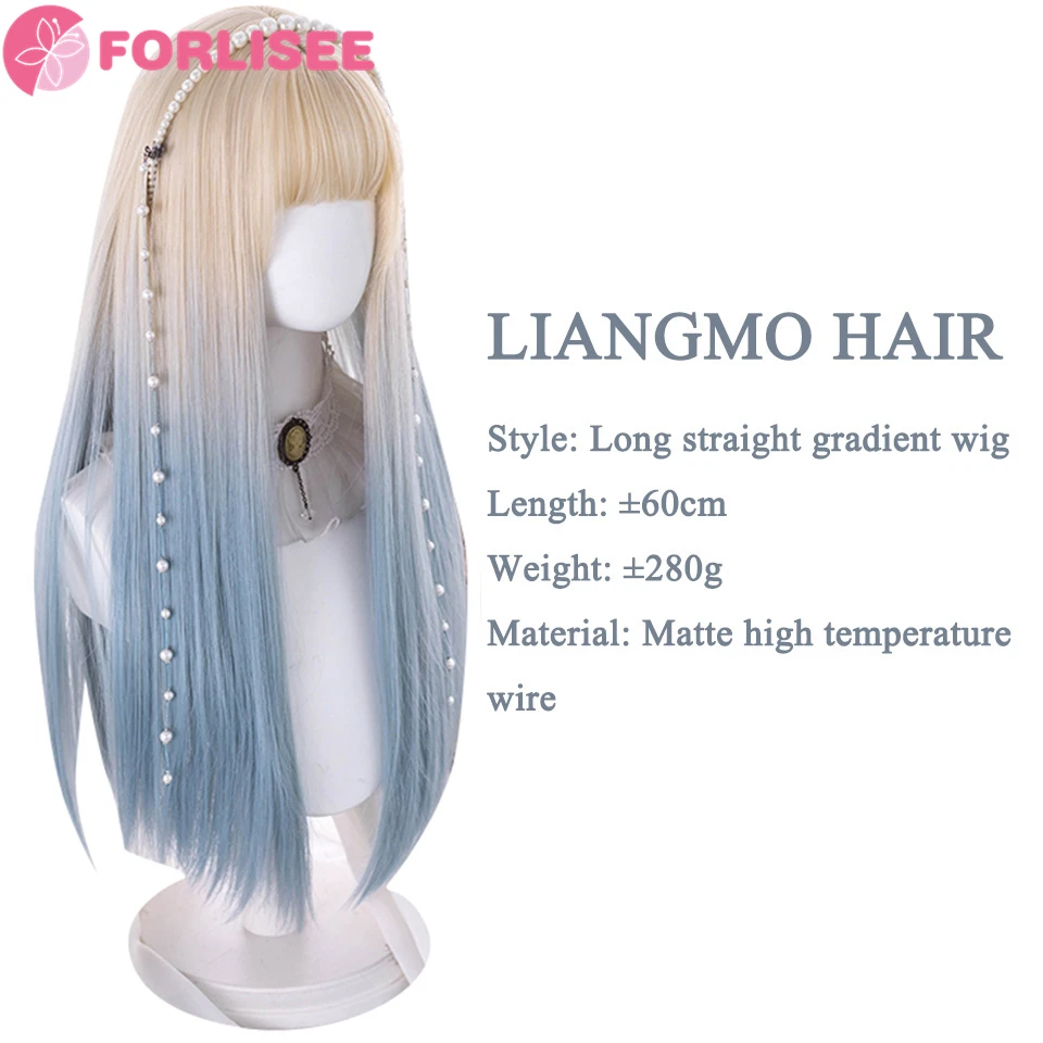 FOR Synthetic Hair Wigs for Women Long Straight Lolita Cosplay Wigs With Bangs Ombre Sky Blue Heat Resistant Fiber Daily Party