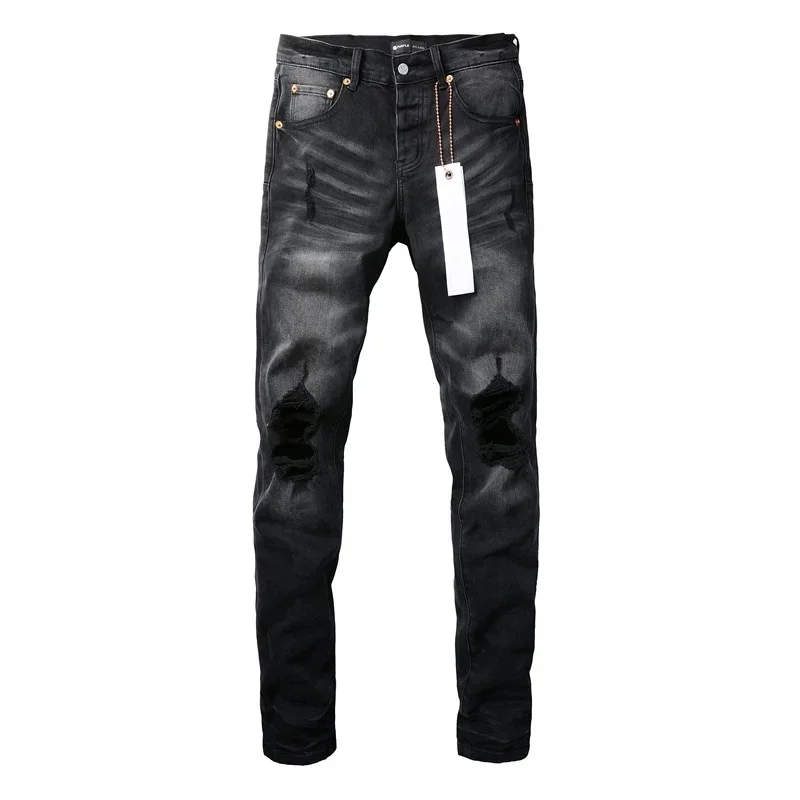 2024 Purples Jeans Men Fashion high quality High Street Black brands Hole Repair Low Rise Skinny Denim pants