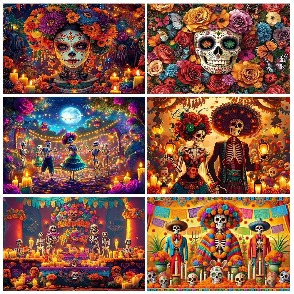 

Mexican Carnival Day of the Dead Party Decor Backdrop Supplies Colorful Skull Marigold Flower Guitar Photography Background Prop