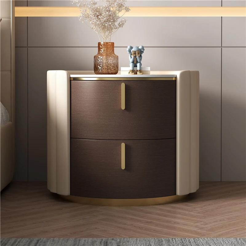 

Factory Direct 2026 Top RatedItalian light luxury round rock slab bedside table modern minimalist high-end solid wood bedroom be