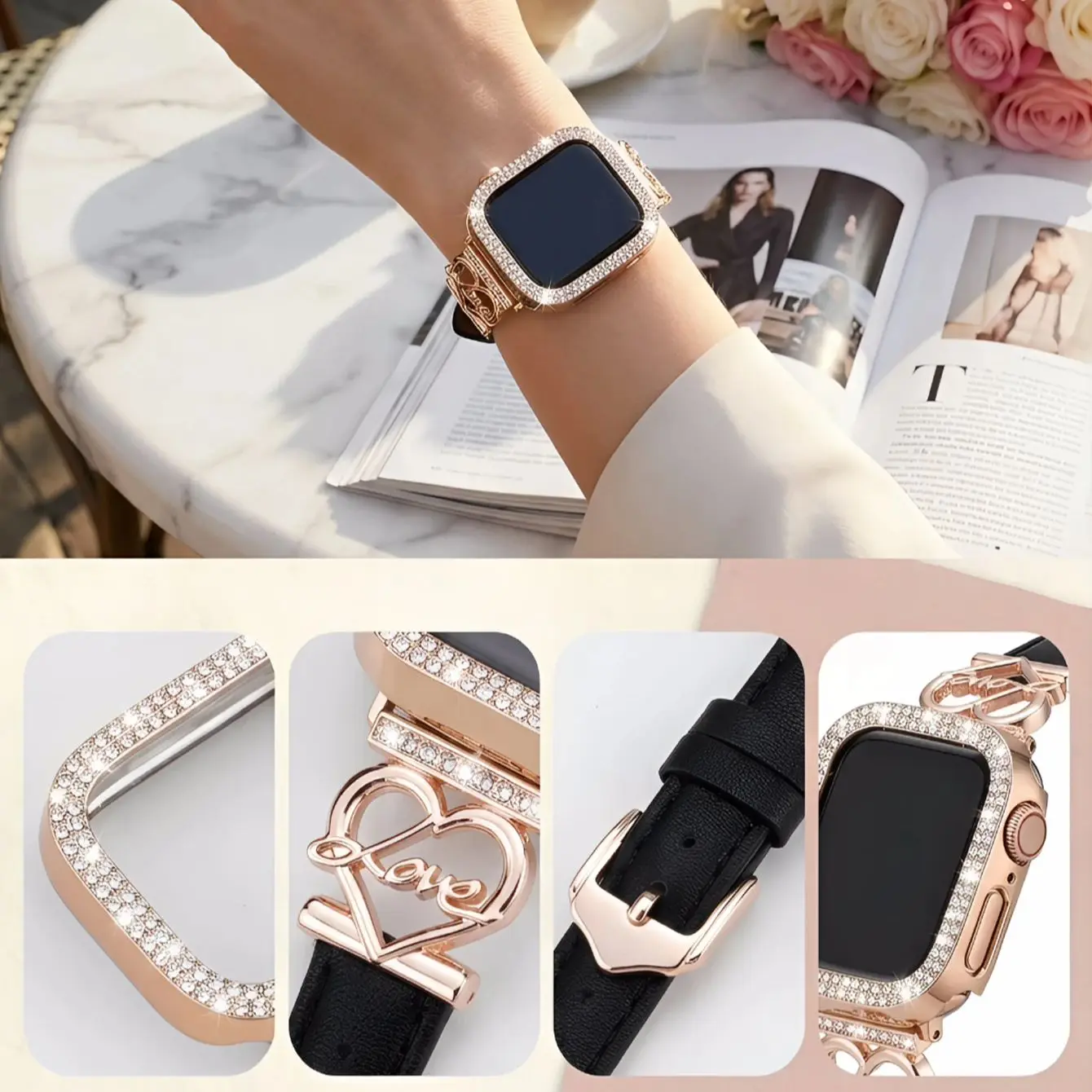watch band+case for Apple Watch 40/41/44/45/42/46mm, elegant Love strap+sparkling diamond protective case.for Series11 10 987654 - view 6