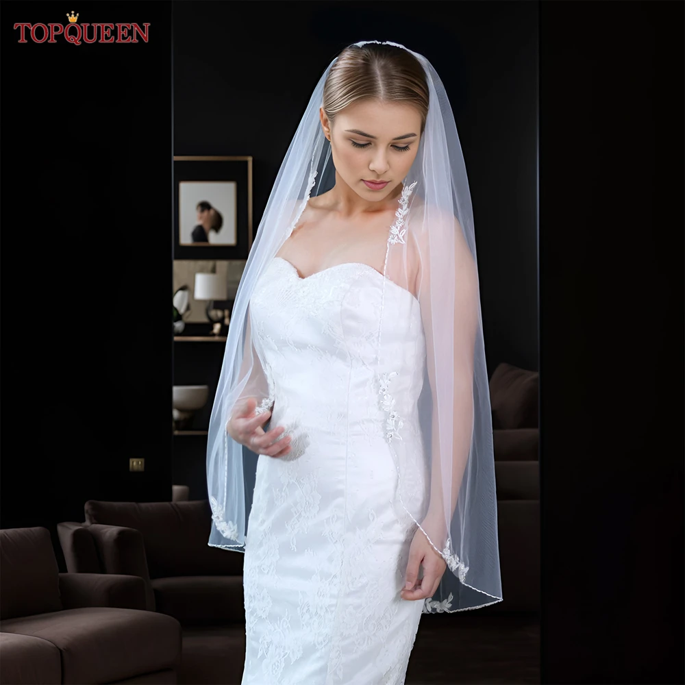 TOPQUEEN-حجاب زفاف من التول الناعم ، حافة كريستال أنيقة ، إكسسوارات زفاف ، فيلوس كريستيانوس دي إيغليسيا ، V242