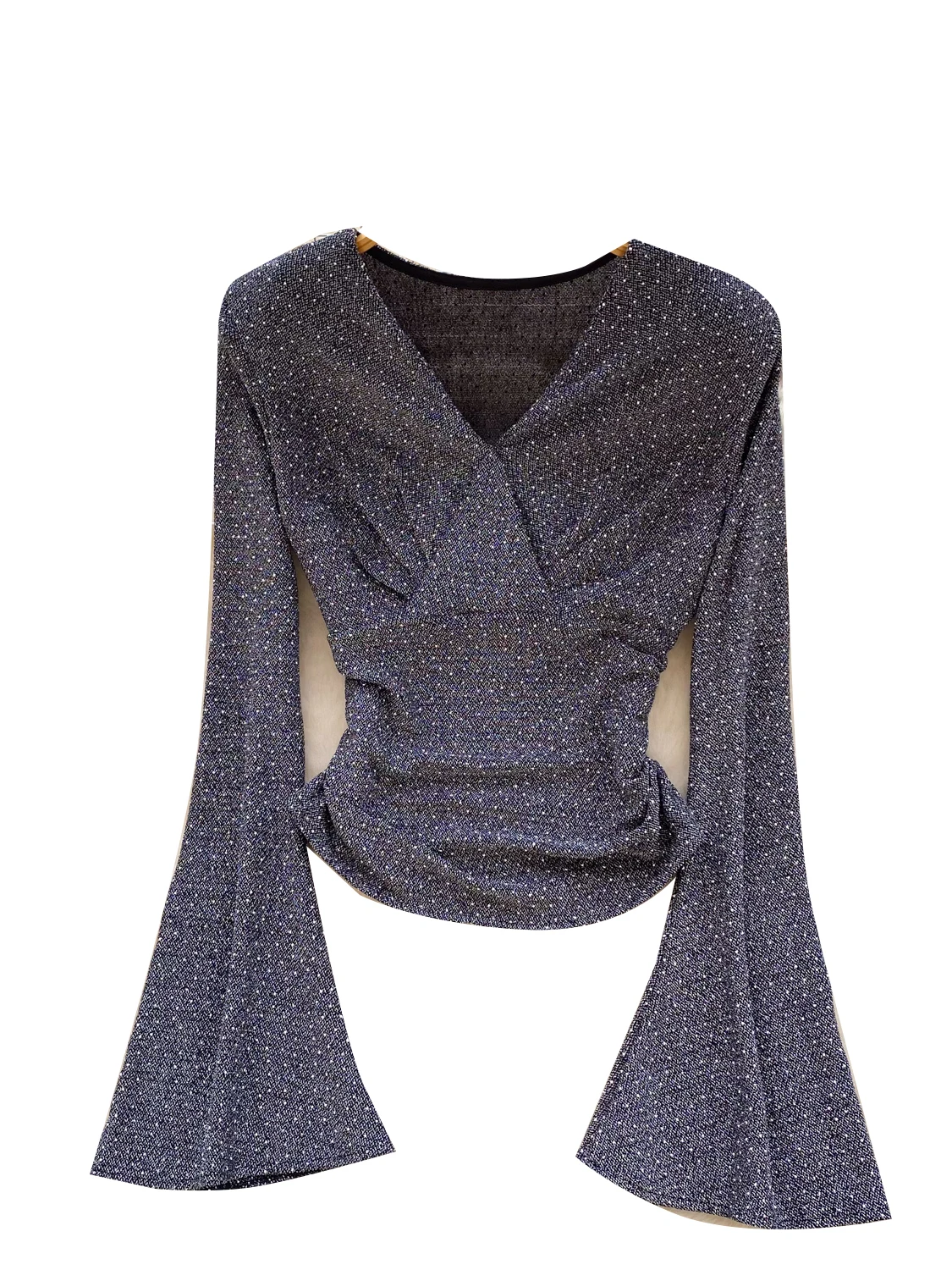 Ele Cross V-ne Bell Sve Plisado Slim Fit Mujer irt Commute Sle Adelgazante Versátil Largo Sve Fibra de poliéster