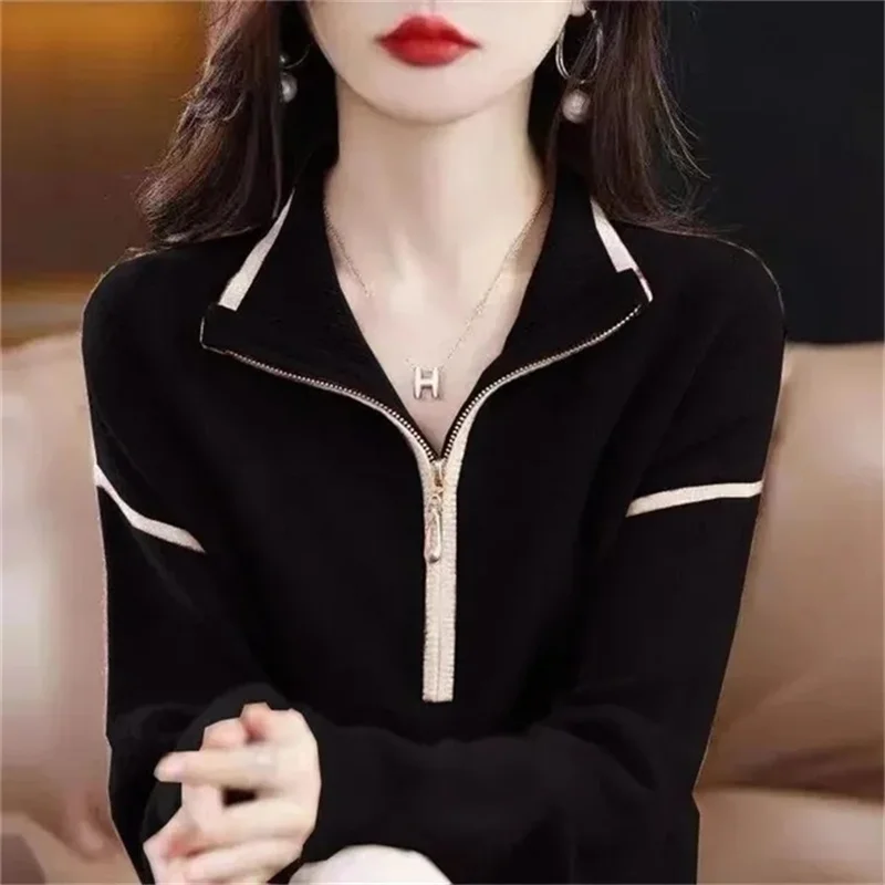 Spring Autumn Top-grade Fashion Lapel Sweater Female Joker Half-high Zipper Loose Pullovers Sweater Jumper Bottoming Women Top