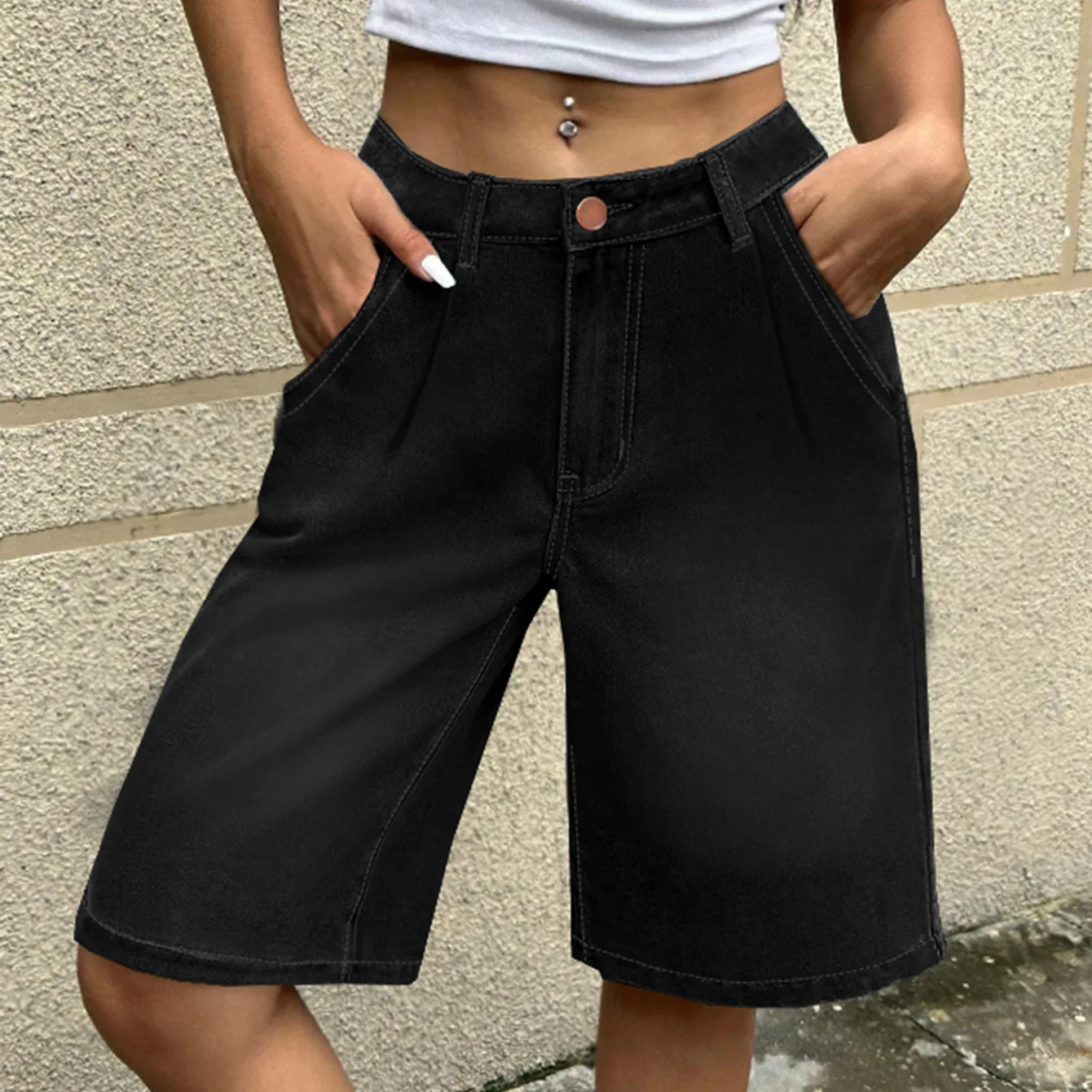 

Женские джинсовые шорты с высокой талией, прямые, летние, новый стиль, утягивающие, черные, свободные, широкие, средней длины, в стиле Y2K