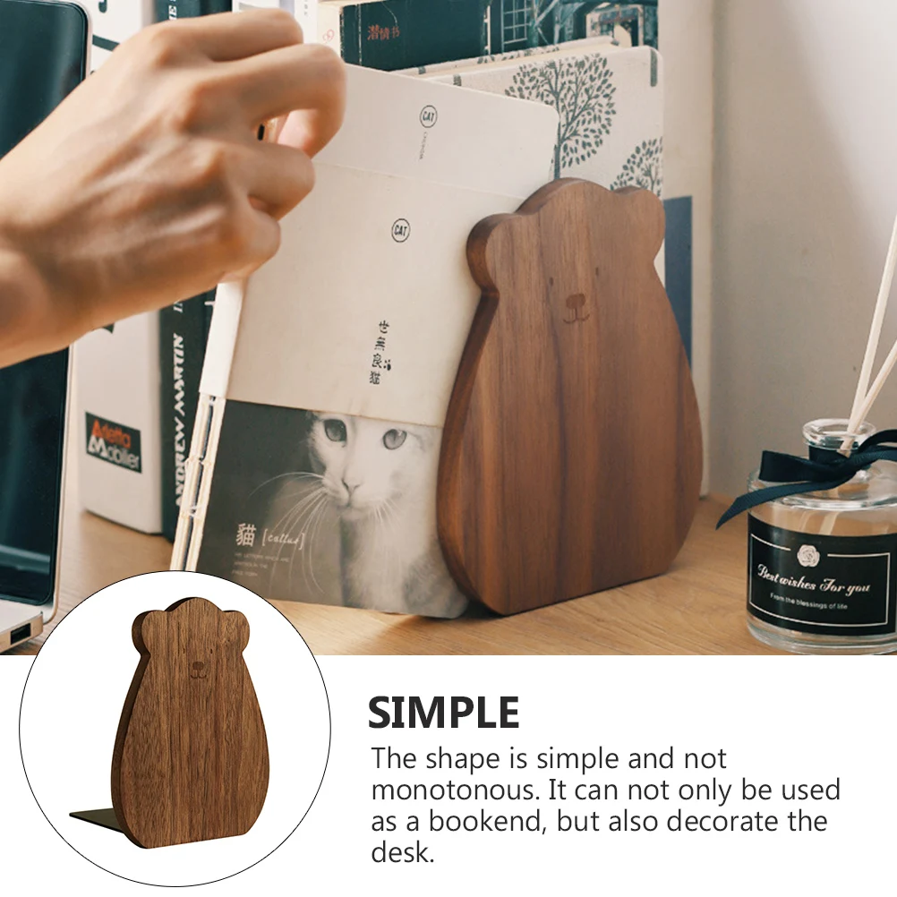 1pc Wooden Bookend Bear Shape Smooth Finish Natural Solid Wood Book Stopper Desk Organizer Bookshelf Accessory Decorative