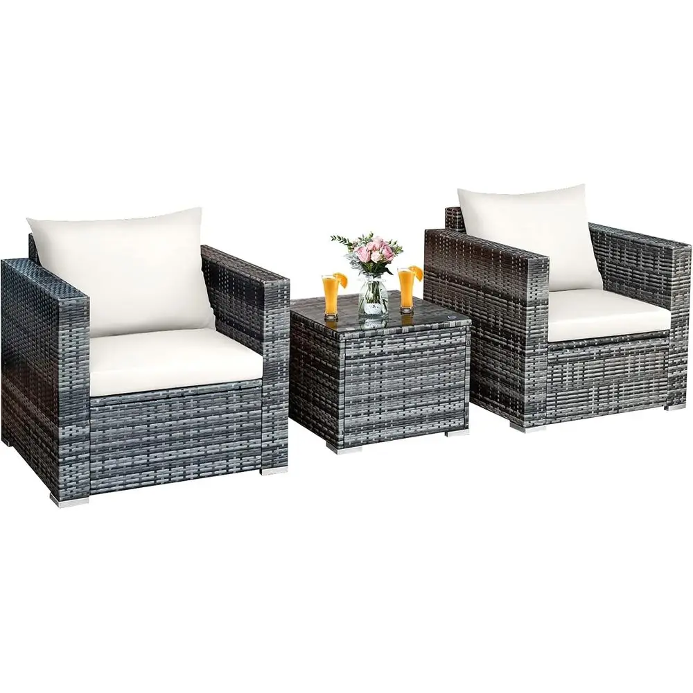 

3-Piece Outdoor Patio Furniture Set with PE Rattan Wicker Sofa, Washable Cushions, and Tempered Glass Top for Garden, Poolside,
