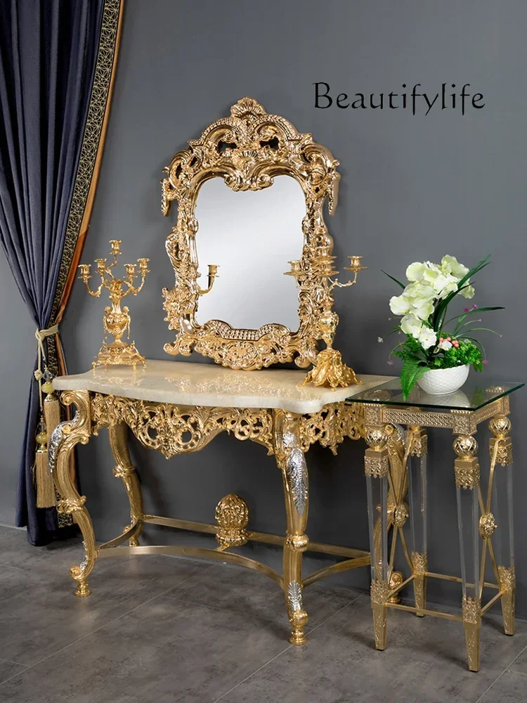 hh European Classical Art Mirror Fashion Metal Carved Makeup Mirror Villa Marble Solid Wood Table Modern Makeup Mirror