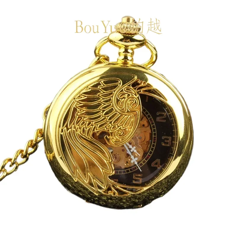 Retro Peacock Phoenix Automatic Mechanical Pocket Watch White Steel Gold Tone Vintage Fob Chain Men Luxury Dress Timepiece