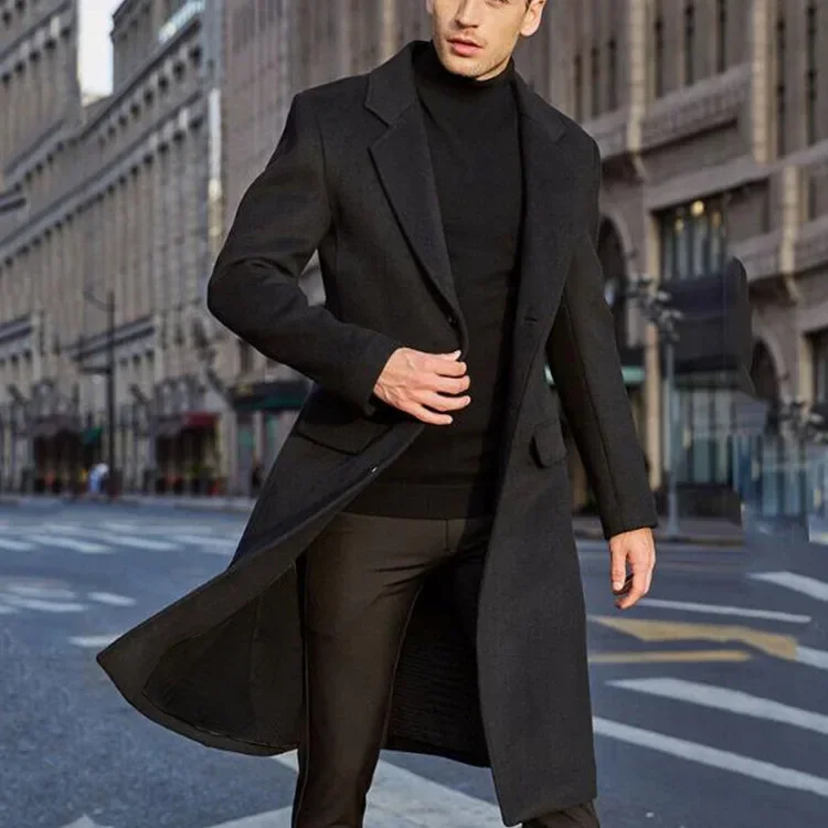 New British Style Men Long Trench Coat Woolen Coat Men\'s Autum Winter Solid Color Warm