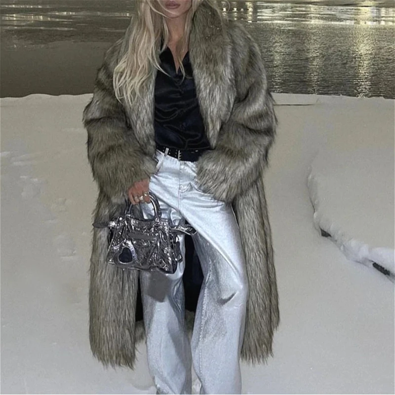 

Long Faux Fur Coat Women Autumn Winter Maxi Y2k Jacket Overcoat Turn Down Collar Pockets Thick Coat Warm Jackets Punk Coats