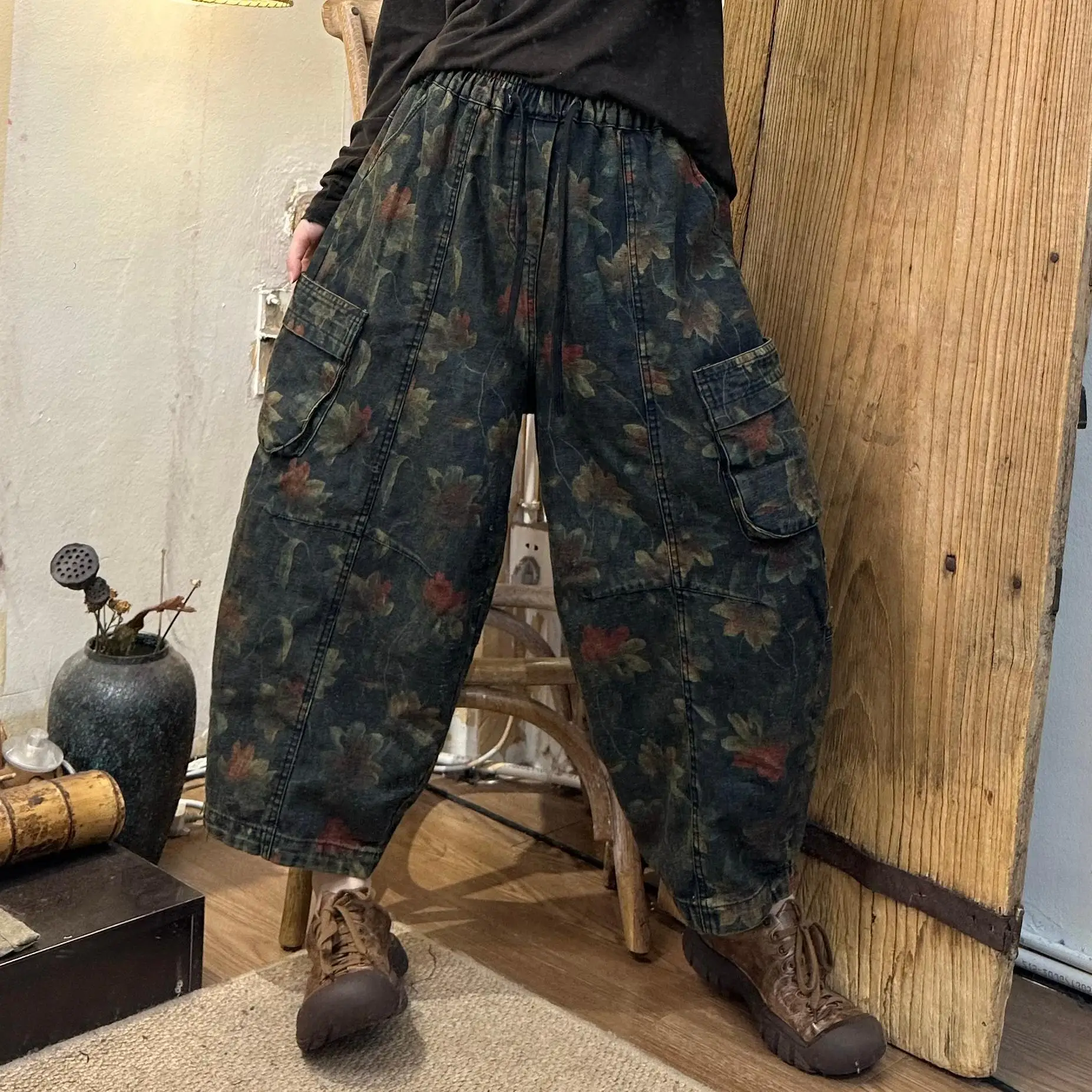 2024 Autumn New Casual Versatile Printed Stir Fry Color Two Side Large Pocket Workwear Jeans LX2212