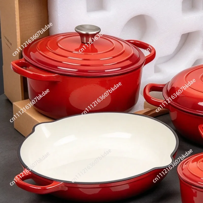 Enameled Cast Iron Cookware Set 7-Piece Oven Skillet Frying Pan Saucepan Multipurpose Kitchen Pot