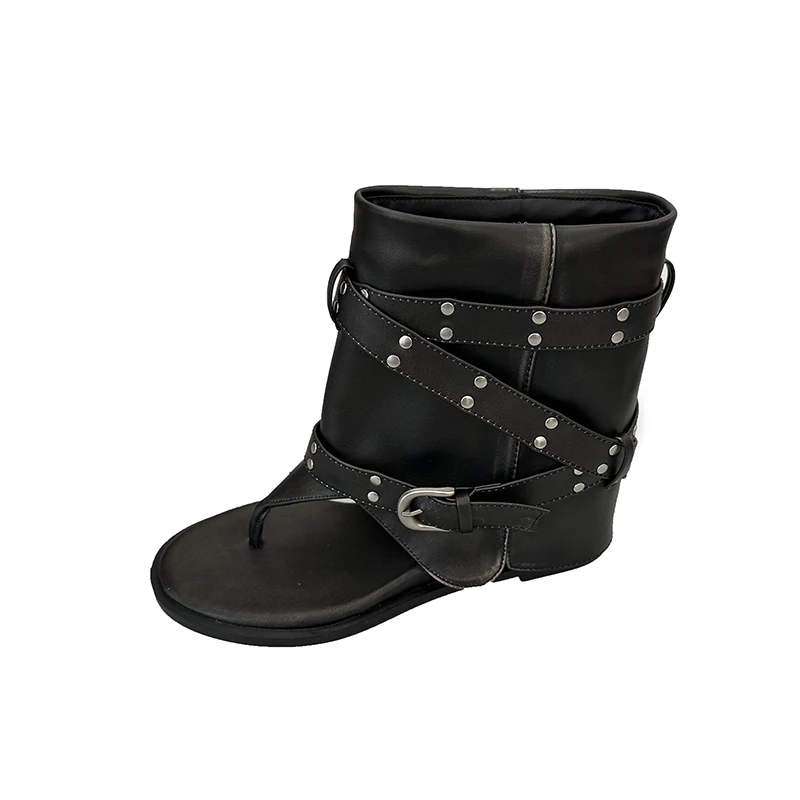 New Women Rivet Strap Thong Summer Boots Open Toe Cutout Leather Ankle Boots Vintage Y2K Western Buckle Gladiator Booties view 6