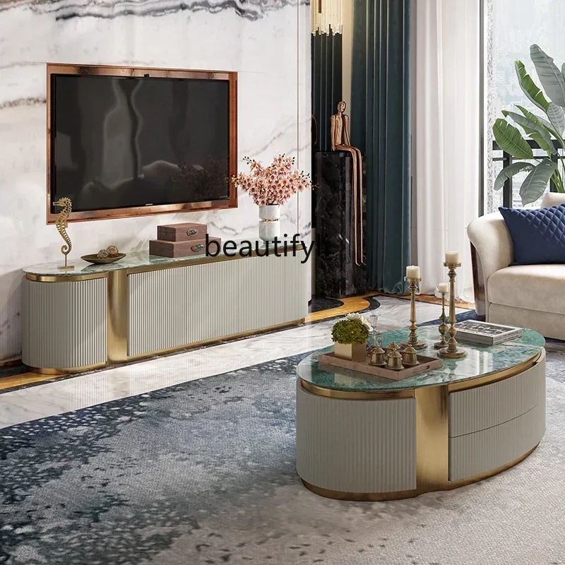 Light luxury coffee table TV cabinet combination modern model room living room furniture high-grade marble oval tea machine