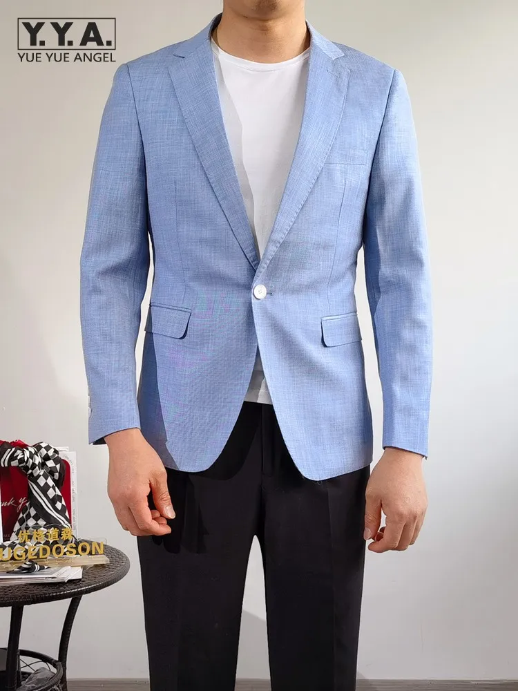 

Fashion New Men Summer Sky Blue Thin Blazer Jacket Single Breasted Slim Fit Breathable Business Work Casual Blazer Suit Coat