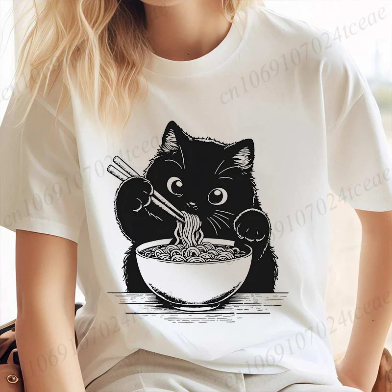 Cat Ramen Noodle Graphic T Shirts for Women Men Anime Top Clothing Japanese Anime Manga Ramen Cat T-Shirts Short Sleeve T-shirt