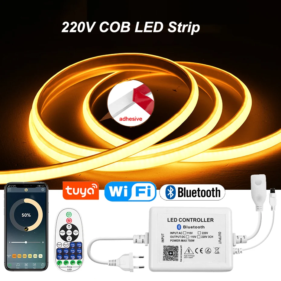 Tuya WiFi Bluetooth COB LED Strip Light 220V 288LEDs/m IP65 Waterproof Dimmable Adhesive Tape EU Plug for Garden Room Lighting