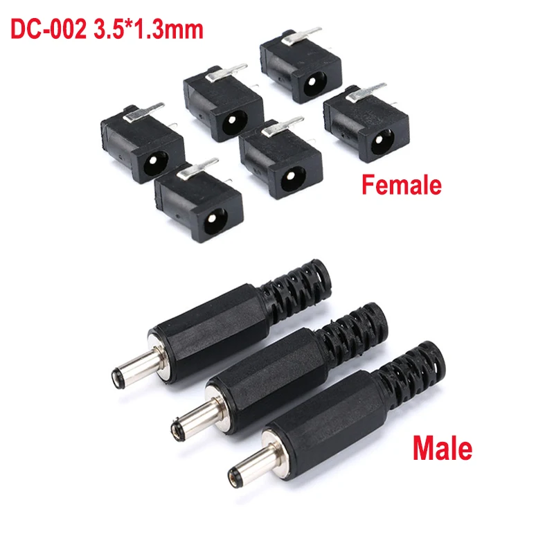 

10Pair DC Power Jack Socket Connector DC-002 3.5*1.3mm DC002 Female Mini Socket+ 3.5x1.3mm DC Male Plug 1A 30V Black Conector