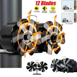 Ventilador de chimenea negro con 12 aspas, estufa alimentada por calor, No requiere batería ni electricidad, quemador de leña, Eco silencioso
