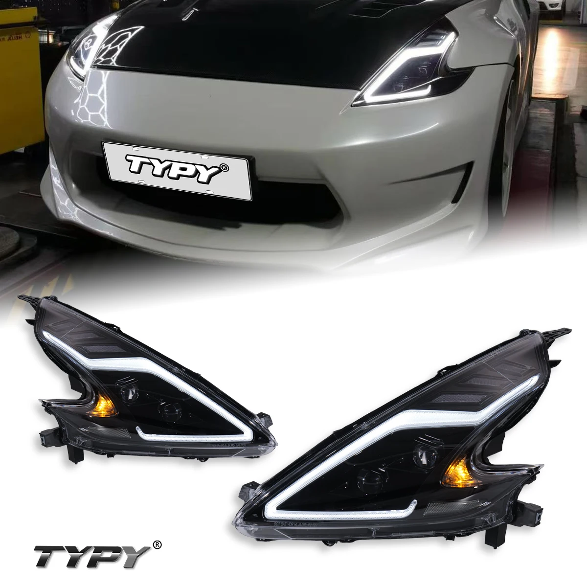 TYPY LED Lens for - 370Z Headlight Assemblies 2008-2019 Featuring Daytime Running Lights and Sequential Turn Signals in sto