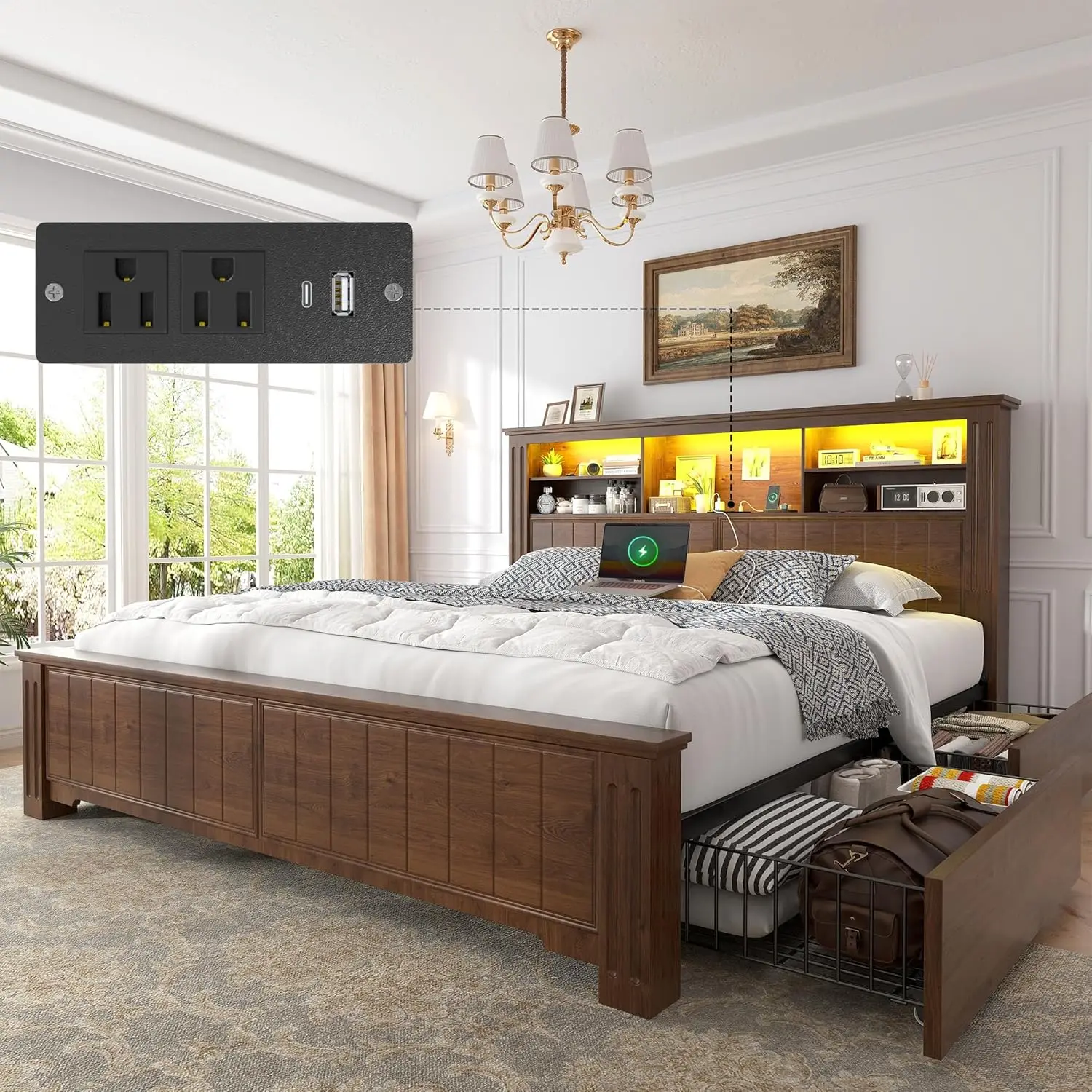 Queen Bed Frame  LED Queen Bed Frame with Headboard  Queen Size Built in Charging Station,,VintageBrown