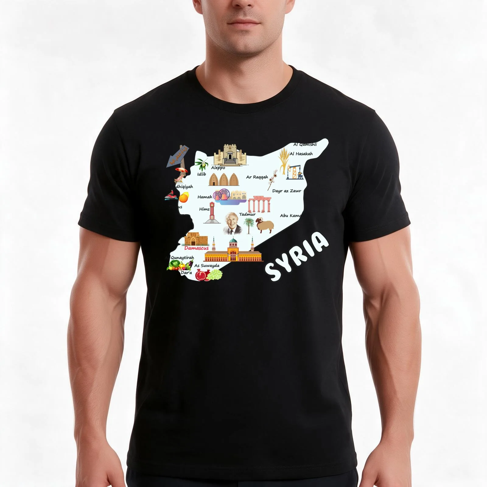 Syria map, major cities names flag Syrian national symbols and landmarks ????? ????? ?? ??? ????? ???? ??????? ????????? T-Shirt