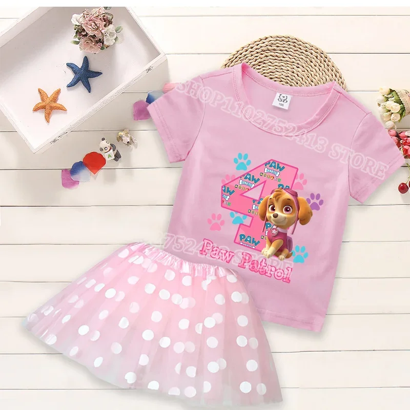 2pcs Paw Patrol Skye T-shirt Dress Cartoon Fashion Kids Sets Polka Dot Print Round Neck Pink Number Birthday Clothing Girls Gift view 6