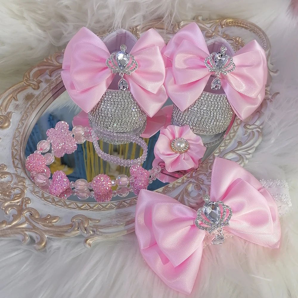 

Handmade Bow Rhinestones Baby Girl Kids Shoes Hairband Pacifier Clip Comb First Walker Sparkle Bling Crystals Shower Gift