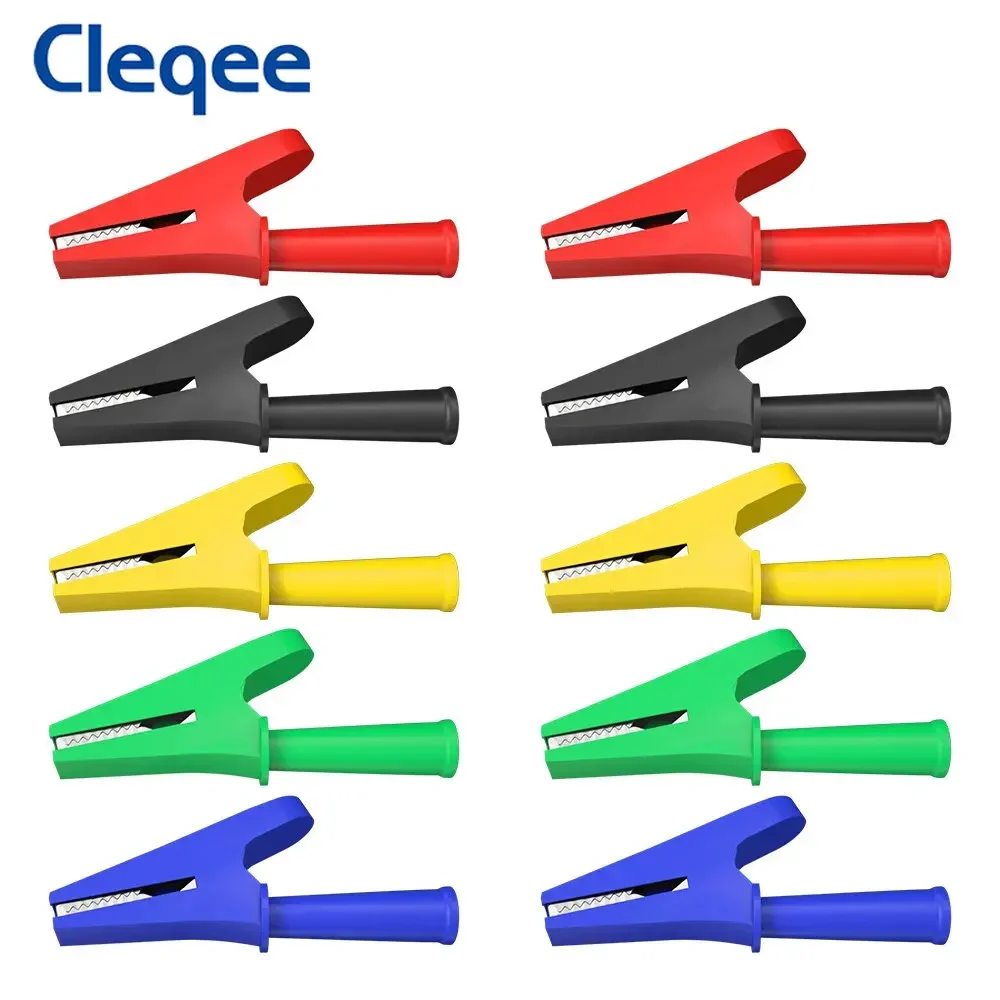 Cleqee 10PCS 20A Fully Insulated Alligator Clip with 4mm Jack Safety Crocodile Clamps for Banana Plug or Welding P2002.10L