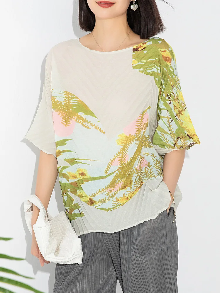 

MIYAKE Pleated short sleeved summer new style with loose temperament oversized printed handmade pleated slimming top [20230321]