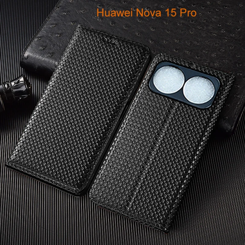 

Grass Mat Genuine Leather Flip Case For Huawei Nova 14i 15 Pro Ultra Phone Cover Card Cases Scratch Proof