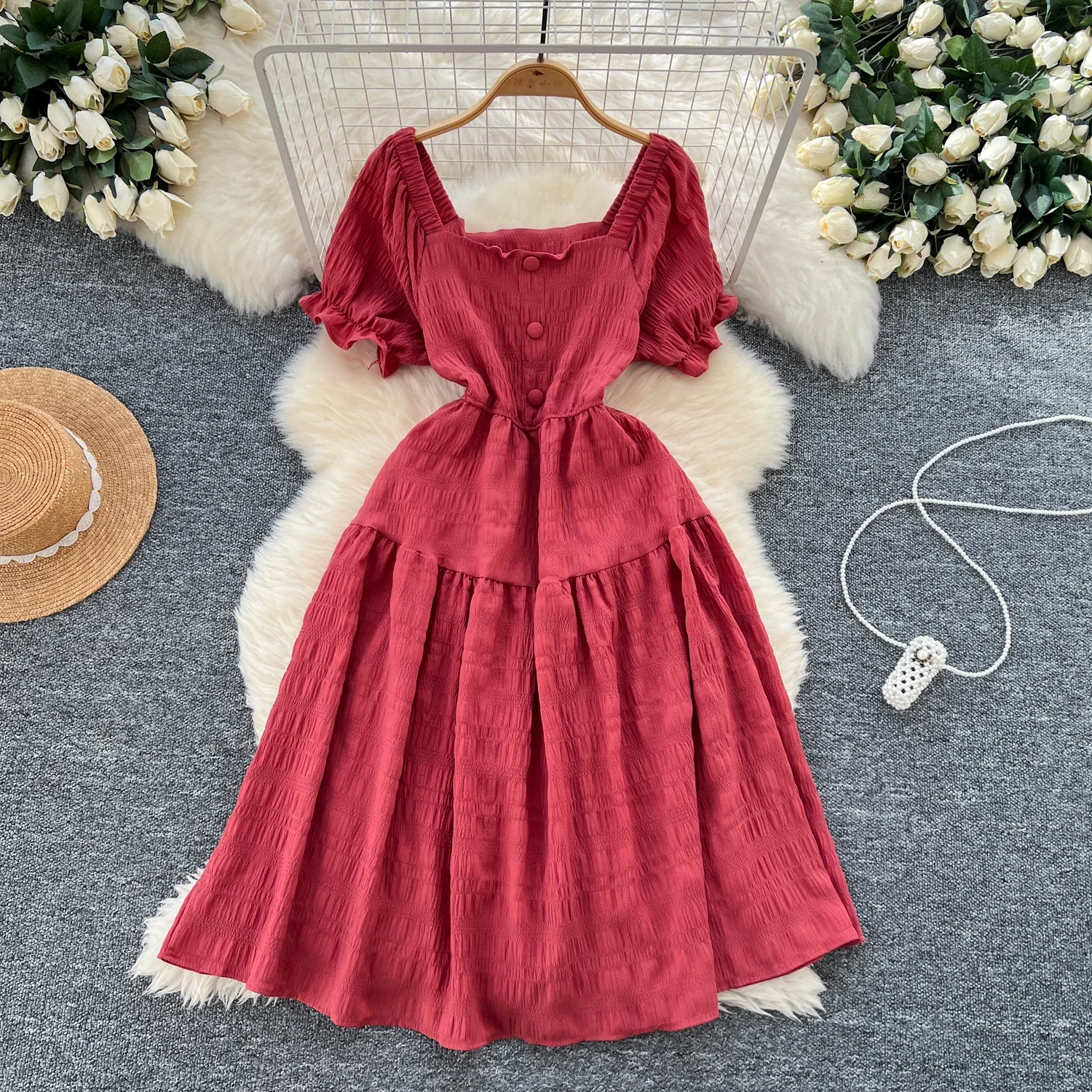 Chic Square Collar Vintage Short Puff Sleeve Elegant Pleated A-line Dresses French Fashion Evening High Street Summer Clothing