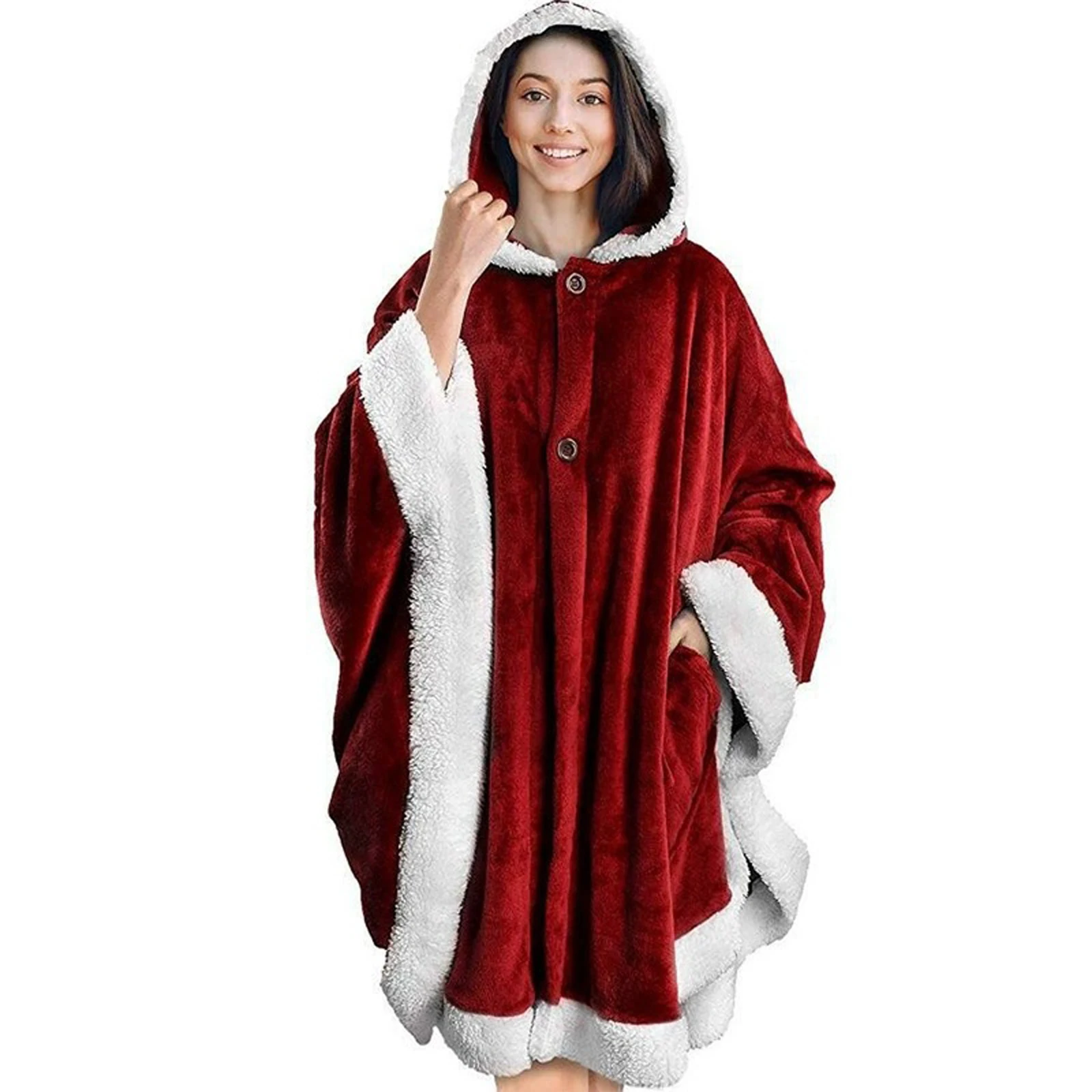 

Women's Autumn/Winter Hooded Cape Comfortable Double-faced Flannel With Two Pockets Loungewear Soft Plush Christmas Shawl