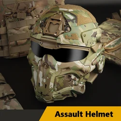 Assault Helmet Tactical Mask, Integrated Design, Built-in Communication Headset, Anti-Fog Fan, Replaceable Lenses