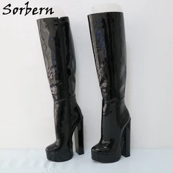 Sorbern Black Knee High Boots For Women Block High Heel Platform Shoes Custom Full Zipper Unisex Style Big Size High Arch