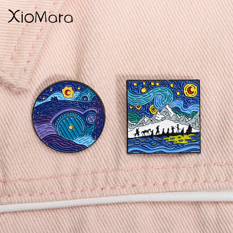 Pintura al óleo de Van Gogh, Pin esmaltado de cielo estrellado, periféricos de películas de fantasía, broche de puerta de los reyes, insignia de solapa, regalo de joyería para amigos
