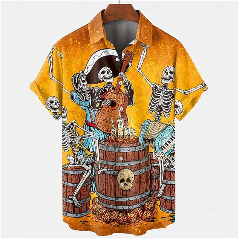 

2025 New Halloween Skeleton Party Men's Shirt Casual Short-sleeved Lapel Shirt Large Outdoor Short-sleeved Shirt Halloween