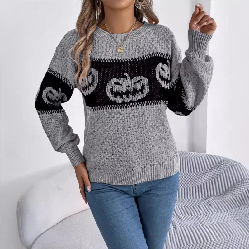 

Women's Knitted Sweater Halloween Theme Pumpkin Contrasting Long Sleeved Pullover Sweater Loose Casual 2025 Autumn/winter New