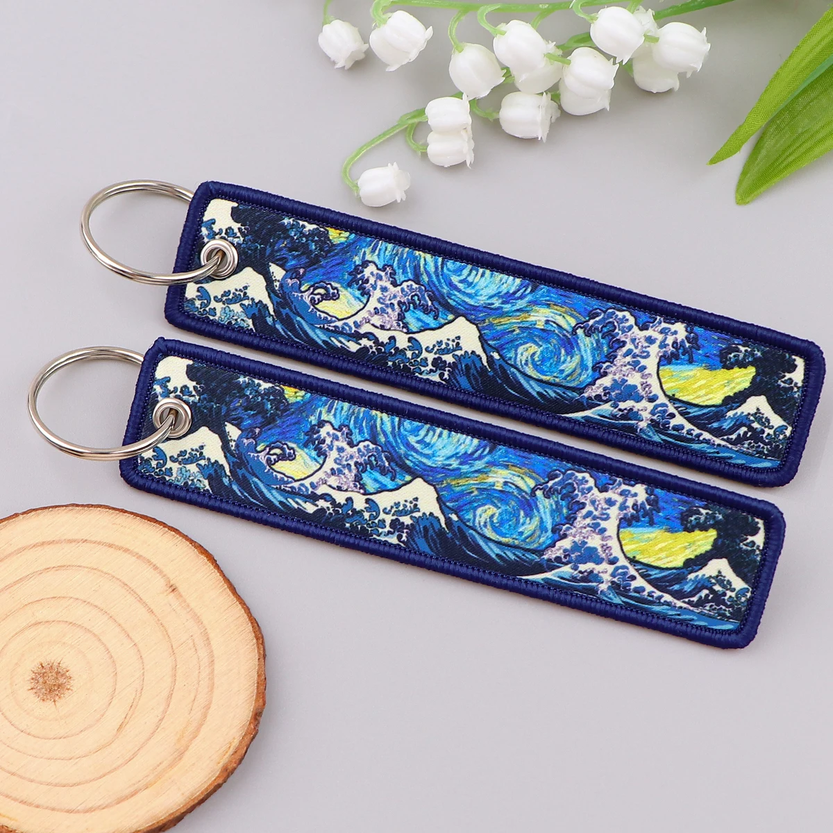Van Gogh Stickerei Schlüsselanhänger Japanische Wellen Schlüsselanhänger Schlüsselanhänger für Motorräder Autos Schlüsselanhänger Zubehör Schmuck Chaveiro Geschenke – Detail 4